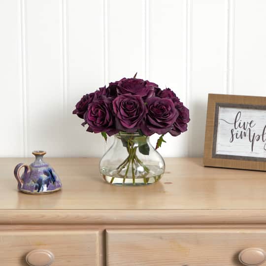 11" Purple Rose Arrangement with Clear Glass Vase
